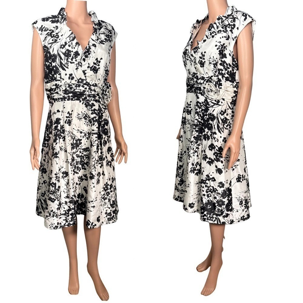 Jessica Howard Womens 12 Black White Floral‎ Rosette Ruffle Fit Flare Dress